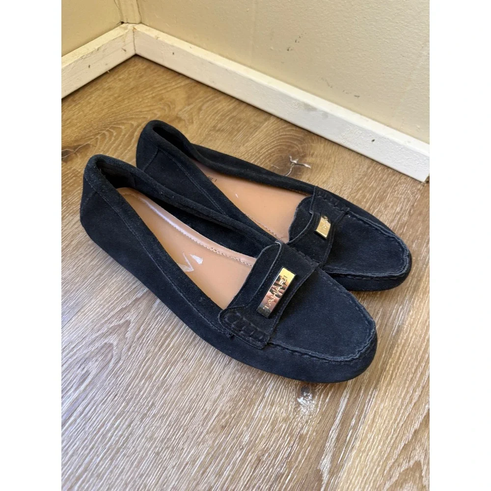 Tahari Marilu Loafers Womens 8.5 Black Suede Leather Slip On Flats Gold Logo